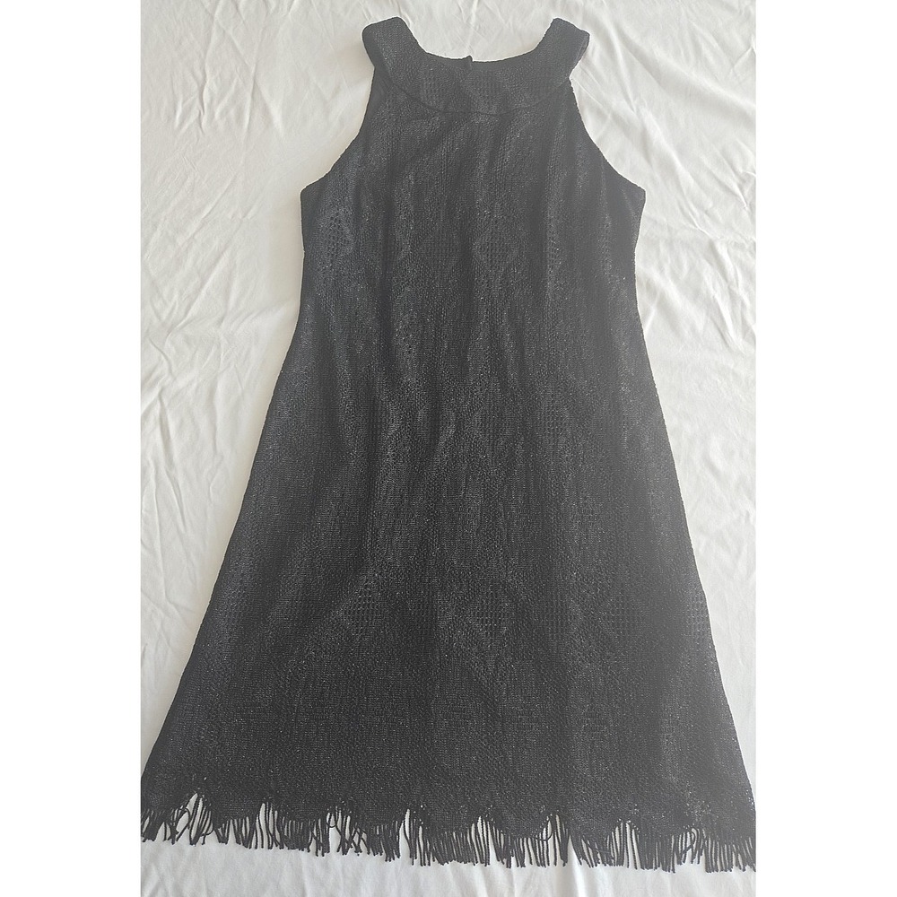 Black Crochet Lace Knit Fringe Hem Flapper Dress Sz 6 Art Deco Gatsby Cocktail